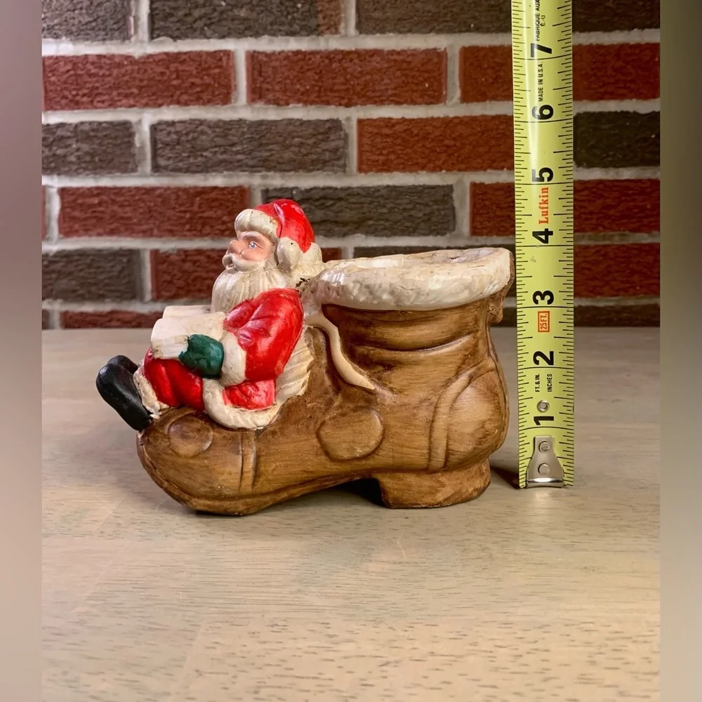 Vintage‎ Artmark’s Christmas Santa w/Book Sitting on Ceramic Boot Shoe Planter